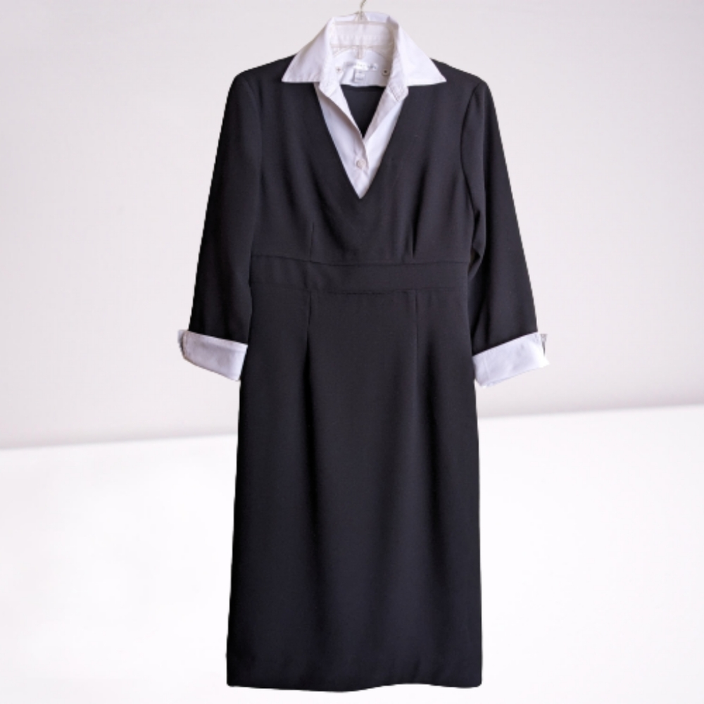 London Times Dress Black Removable White Collar & Cuffs Career Size 8